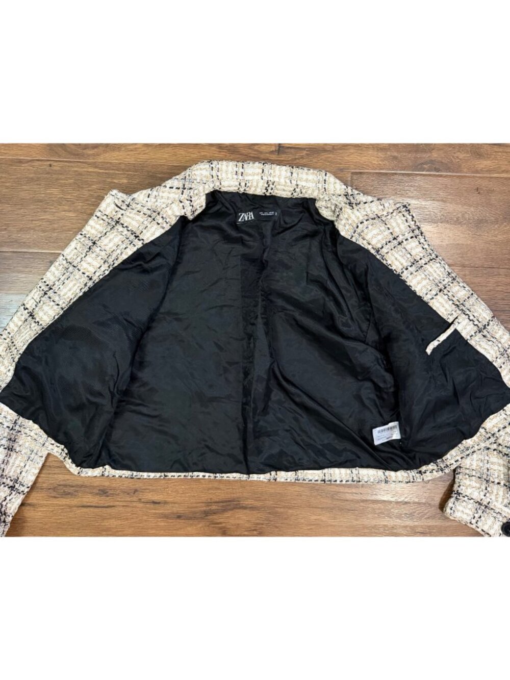 Zara Women’s Tweed Jacket Cream/Black Plaid Sz Large - Picture 3 of 12